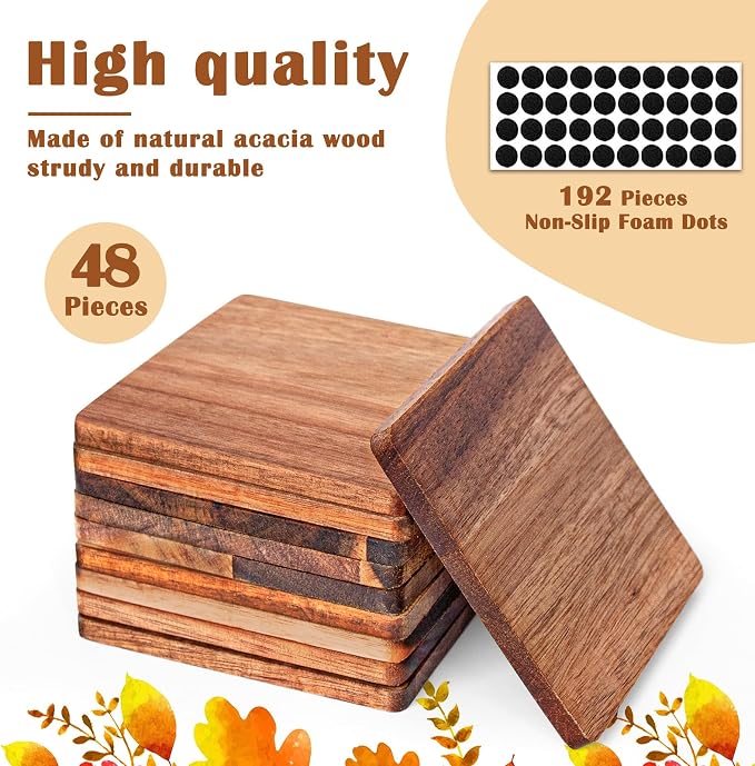 48 Pieces Unfinished Wood Coasters, 4 Inch Square Acacia Wooden Coasters - Image 2