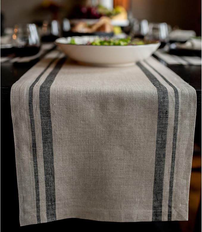 Solino Home 100% Pure Linen Table Runner, 14 x 90 in, French Stripe | Table by SolinoHome
