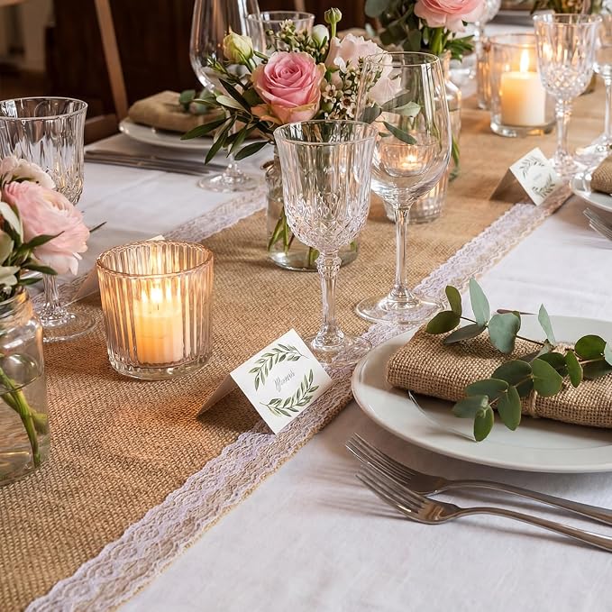 Tatuo 6 Pcs Lace Burlap Table Runner 12'' x 72'' Rustic Jute Hessian Farmhouse - Image 4