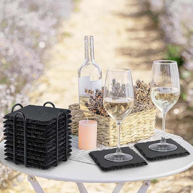 Slate Drink Coasters with Holder, 4 Inch 12 Pieces Square Rustic Coasters Black - Image 9