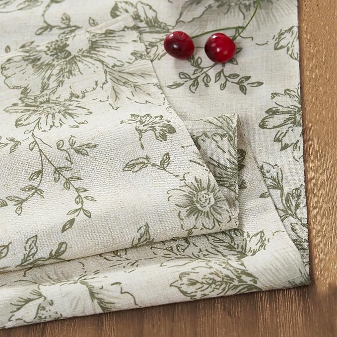 jinchan Green Floral Linen Table Runner 13 x 90 Inch Farmhouse | Rustic - Image 8