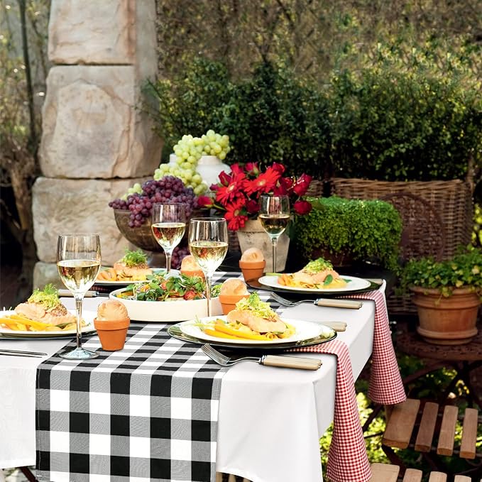 Buffalo Plaid Table Runner Black and White 14W x 60L, 1 Piece | Waterproof - Image 3