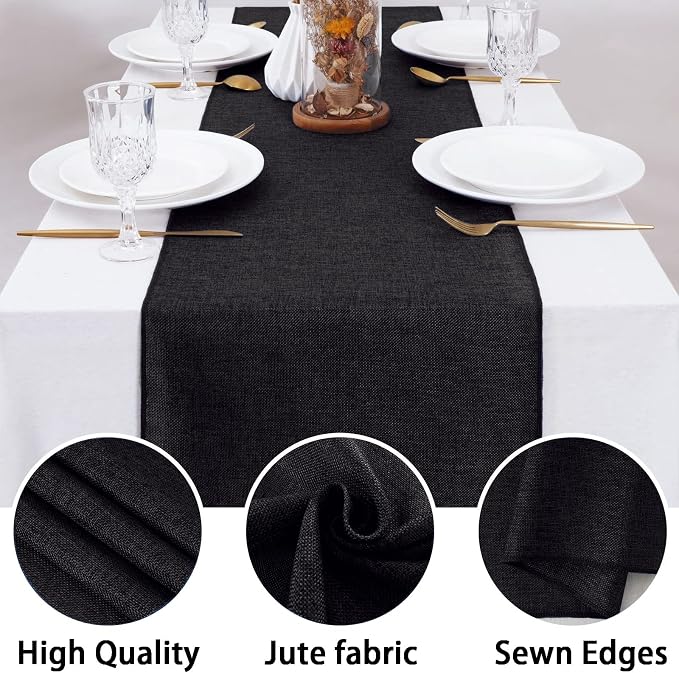 Black Burlap Table Runners 2 Packs 13x108 Inch Rustic Boho Table Runner | - Image 5