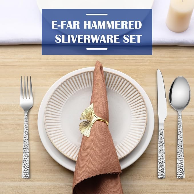 E-far 24-Piece Hammered Silverware Set, Stainless Steel Flatware Set - Image 7