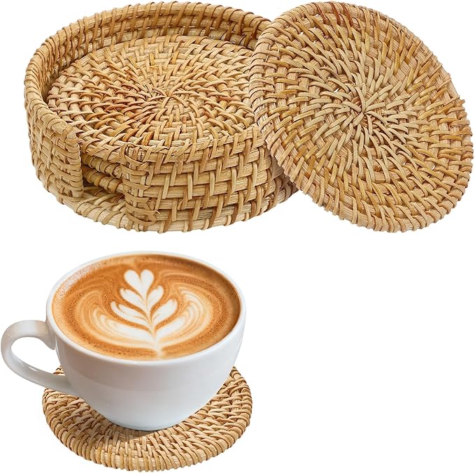 4Pcs Handmade Natural Rattan Coasters Set by ANPHSIN
