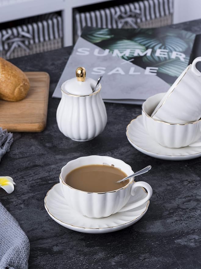 Jusalpha Porcelain Tea Set- 8 OZ Coffee/Teacup, Cup Holder, Serve of 6- - Image 7