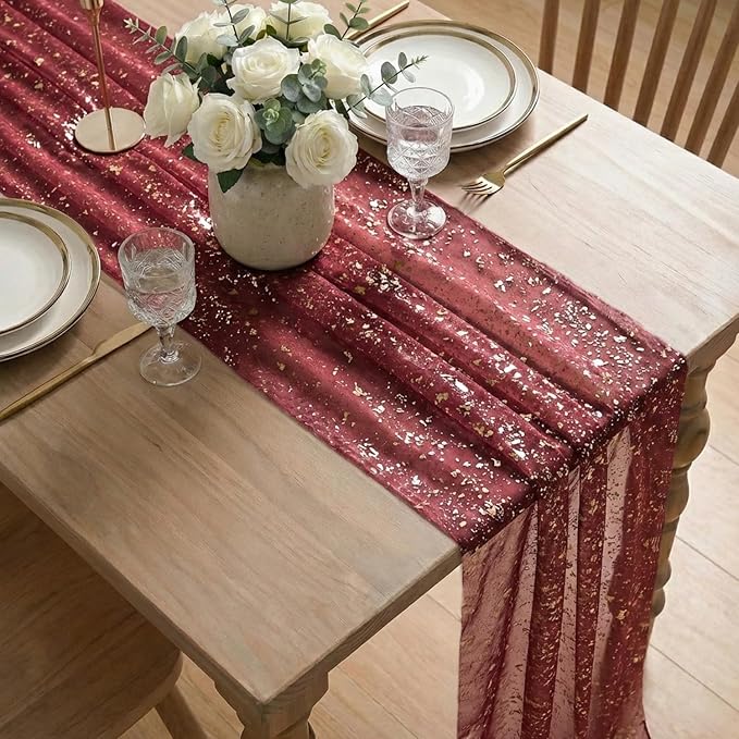 Artoid Mode 6PC Burgundy Gold Gauze Table Runner 120 Inch 10FT, Glitter - Image 6