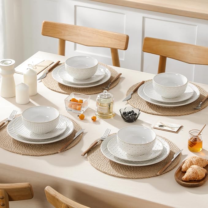 MALACASA 12 Pieces Dinnerware Sets, Farmhouse Plates and Bowls Sets, Embossed - Image 7