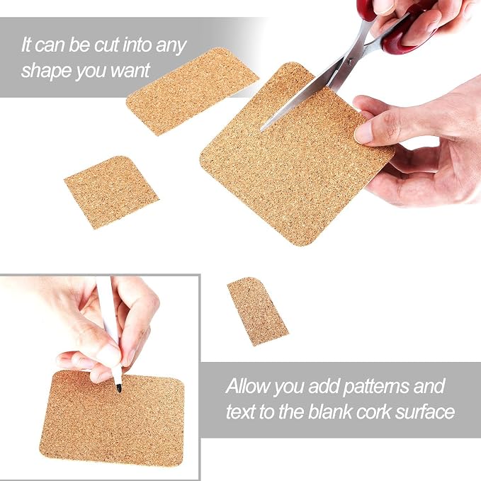 Hotop 60 Pieces 3.78 x 3.78 Self Adhesive Cork Coasters Squares Cork Mats | Non - Image 4