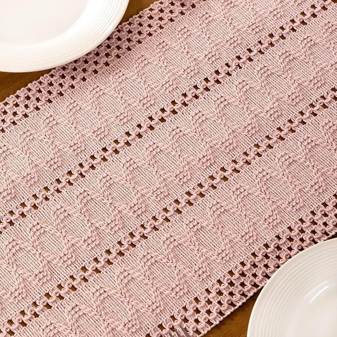 Pink Boho Table Runner Farmhouse Macrame Woven Table Runner 12x48 Inch | Small - Image 6