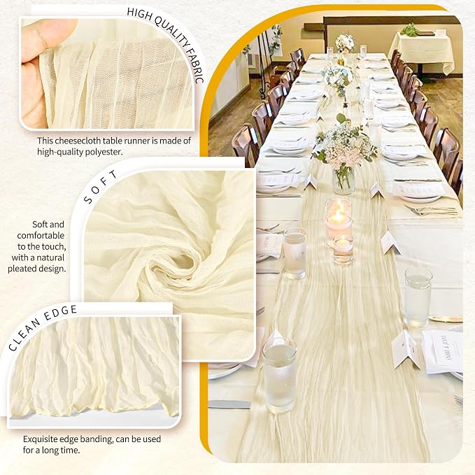 Showgeous 2 Pack Beige Cheesecloth Table Runners Boho Wedding Decor | Rustic - Image 3