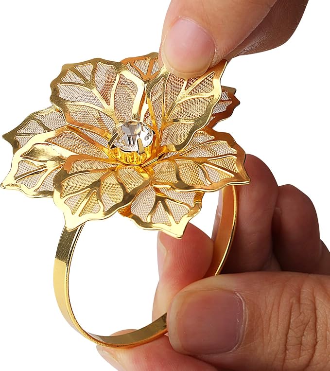 KPOSIYA Flower Napkin Rings Holder Metal Gold Napkin Rings Set of 12 - Image 4
