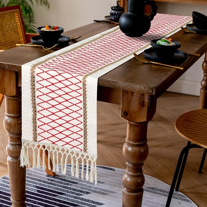 EMMTEEY Macrame Table Runner Boho Style 72 Inches Long, Hexagonal Red | Handmade - Image 6