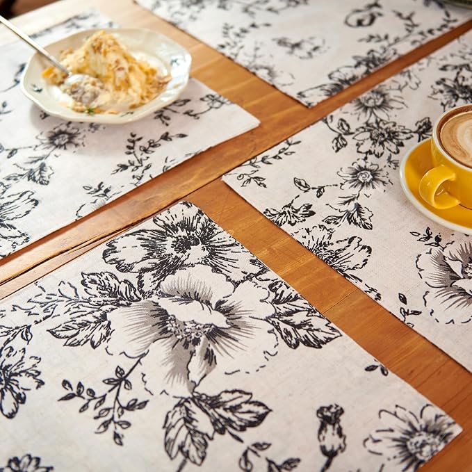 JINCHAN Alice Linen Floral Placemats Set of 4 Farmhouse 13x19 Inch Black | - Image 3