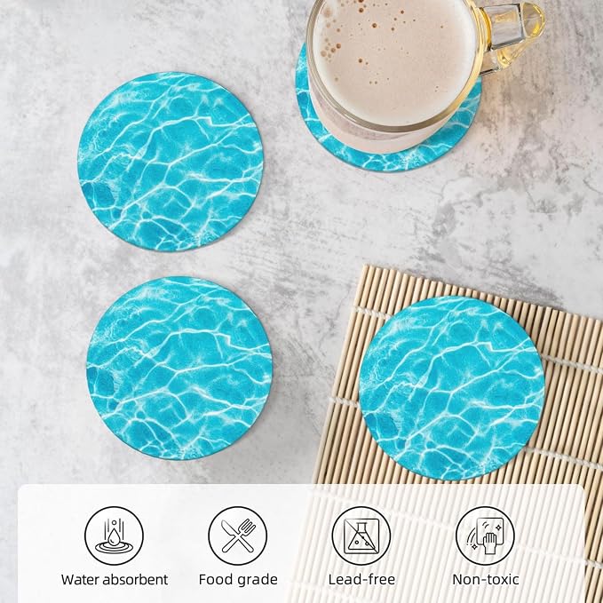 Pool Water Sunlight Coasters for Drinks Absorbent Round Ceramic Coasters Set of - Image 5