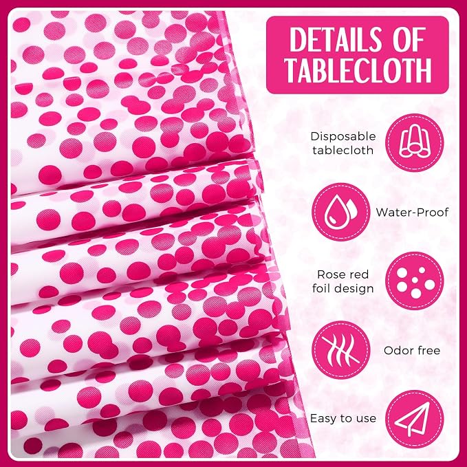 8 Pack White and Hot Pink Disposable Plastic Tablecloths and Satin Table Runner - Image 3