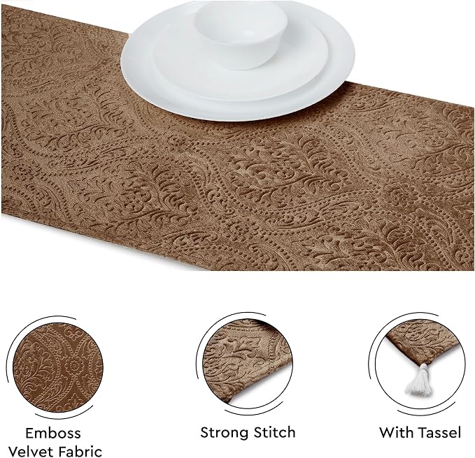 Encasa XO Table Runner, Embossed Velvet, Elegant 13"x72" | Coffee, 175 GSM - Image 3