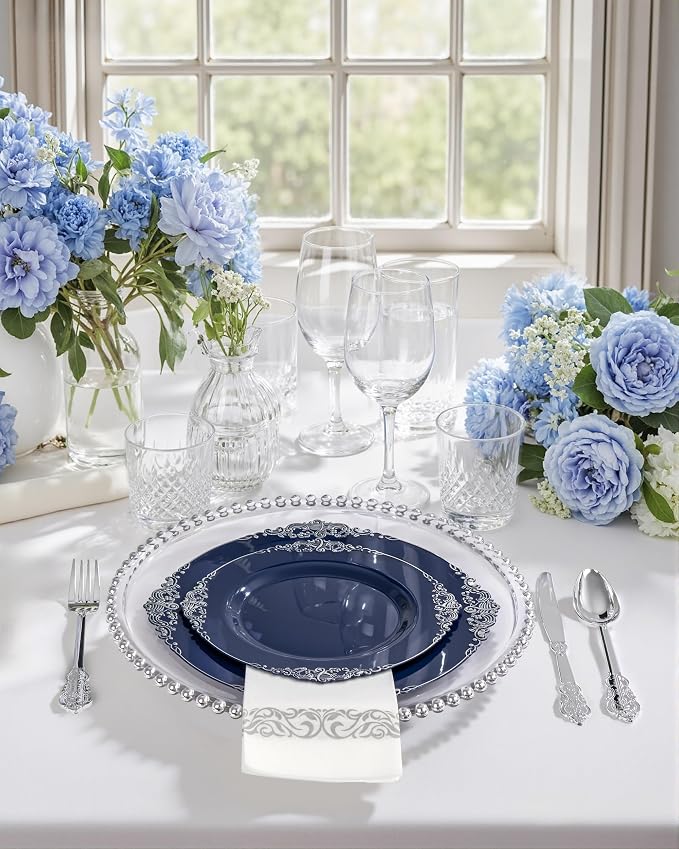 175pcs Blue and Silver Plastic Plates - Image 9