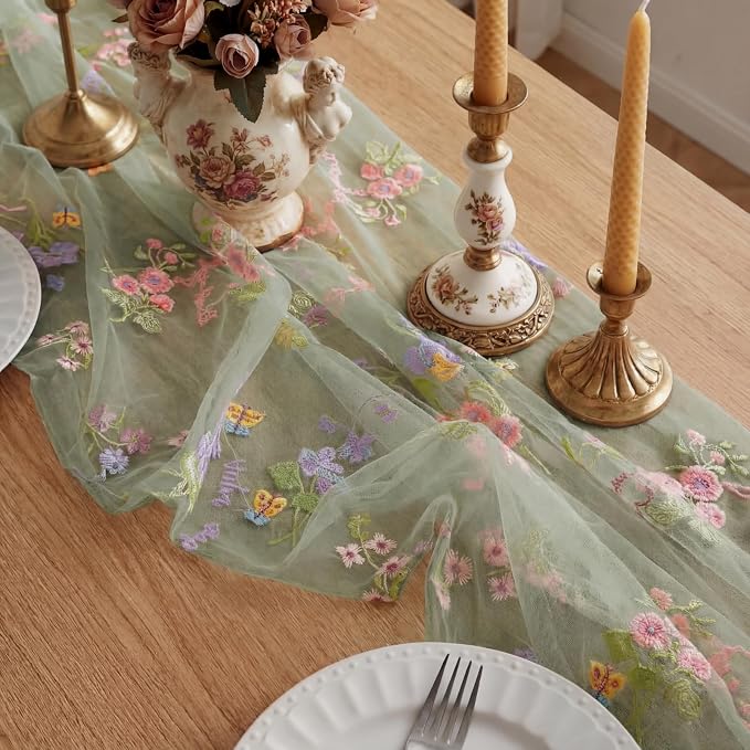 Sage Green Floral Table Runner 10ft Embroidery Tulle Spring Wildflower Table - Image 4