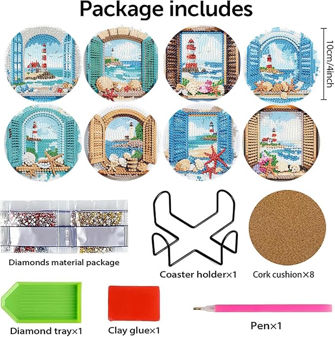 8 PCS Diamond Art Coasters Kits Lighthouse Diamond Painting Coaster | Diamond - Image 2