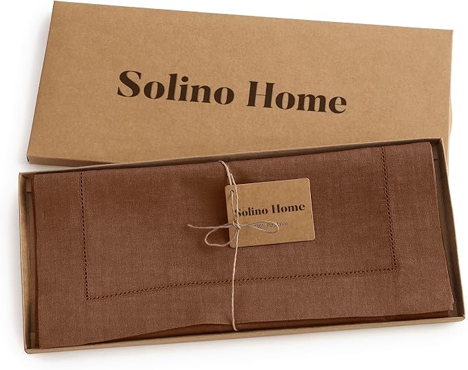 Solino Home 100% Pure Linen Dining Table Runner Brown Hemstitch, 14 x 60 in | - Image 6