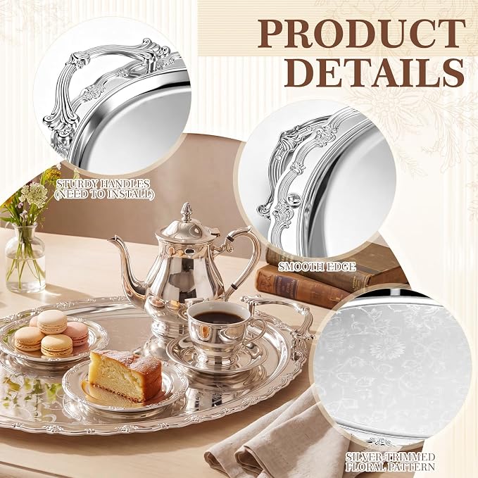 4 Pack Serving Tray with Handles 16.1 x 12.4 Inch Large Metal Plate Floral - Image 7