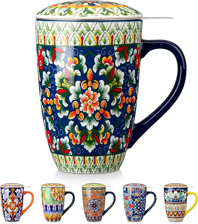 vancasso Ceramic Tea Mug with Infuser and Lid, 18 Ounce Bohemian Loose Leaf Cup by vancasso