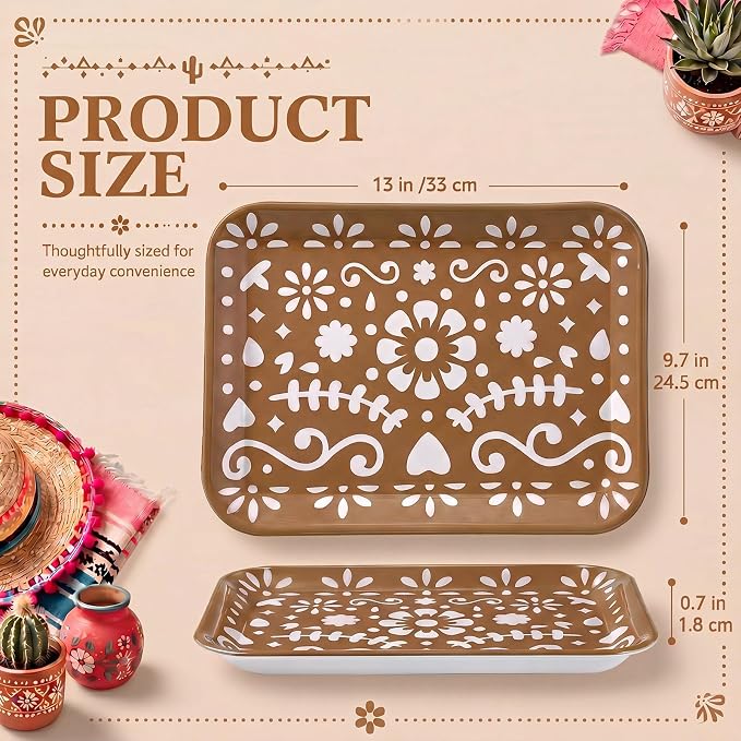4 Pieces Mexican Serving Trays Brown Fiesta Melamine Platters Reusable - Image 2
