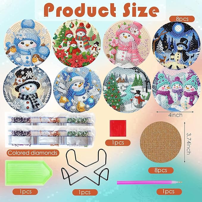 ijbnhd 8 PCS Christmas Diamond Art Coasters Christmas Snowman 4x4 inch | - Image 3