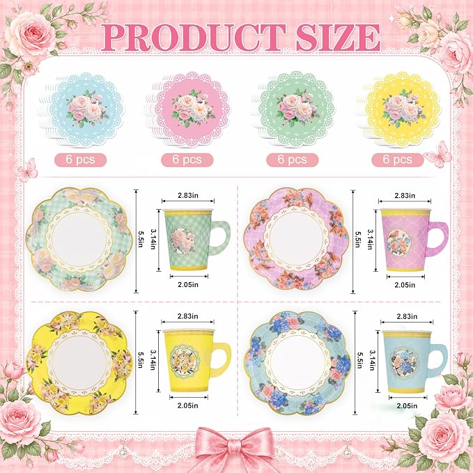 Tea Party Decorations Set, Vintage Floral, 24 Guests, Disposable | Supplies - Image 2