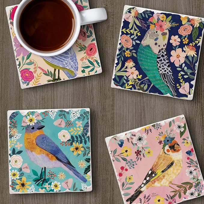 Thirstystone Floral Birds 4 Pack Assorted Tumbled Tile Stone Coasters | 4" - Image 6