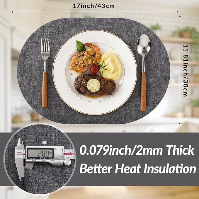 Placemats Set of 4, 11.8 x 17 Inch, Dark Grey | Heat Resistant Oval Faux - Image 3