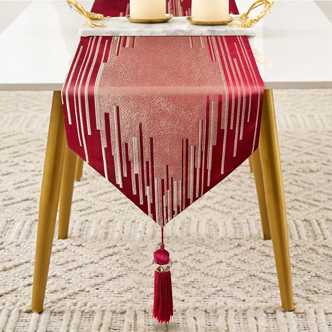 Luxury Red Table Runner 13 x 98 Inches Long, Modern Gold Abstract Geometric | - Image 2