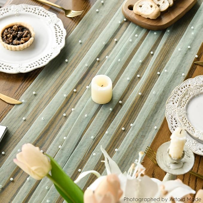 Artoid Mode Pearl Green Gauze Table Runner 120 Inch 10FT, Seasonal Sheer Dining - Image 5