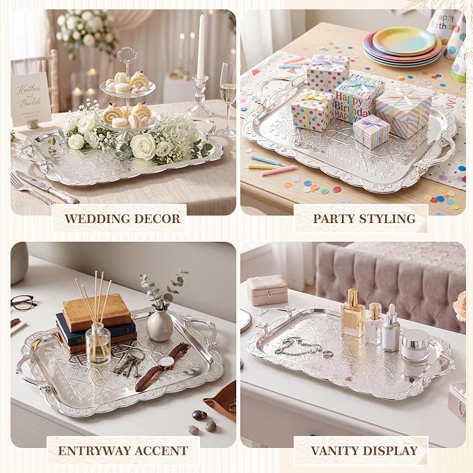 4 Pack Serving Tray with Handles 15.2 x 12.2 Inch Large Metal Plate Floral - Image 4