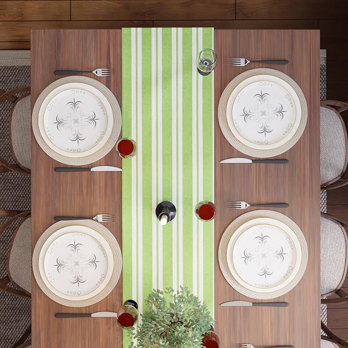 Encasa XO Table Runner, Woven Cotton Dining Runner 13"x59" Franca Lime Stripes - Image 5