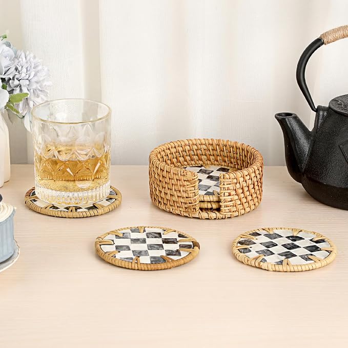 Boho Coastal Coasters Set of 6, Handwoven Rattan Coasters - Image 2