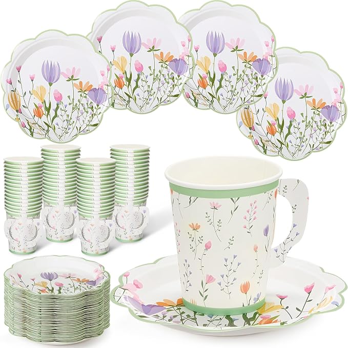 FillTouch 48 Sets Wildflower Floral Paper Tea Cups and Saucers Disposable Paper by FillTouch