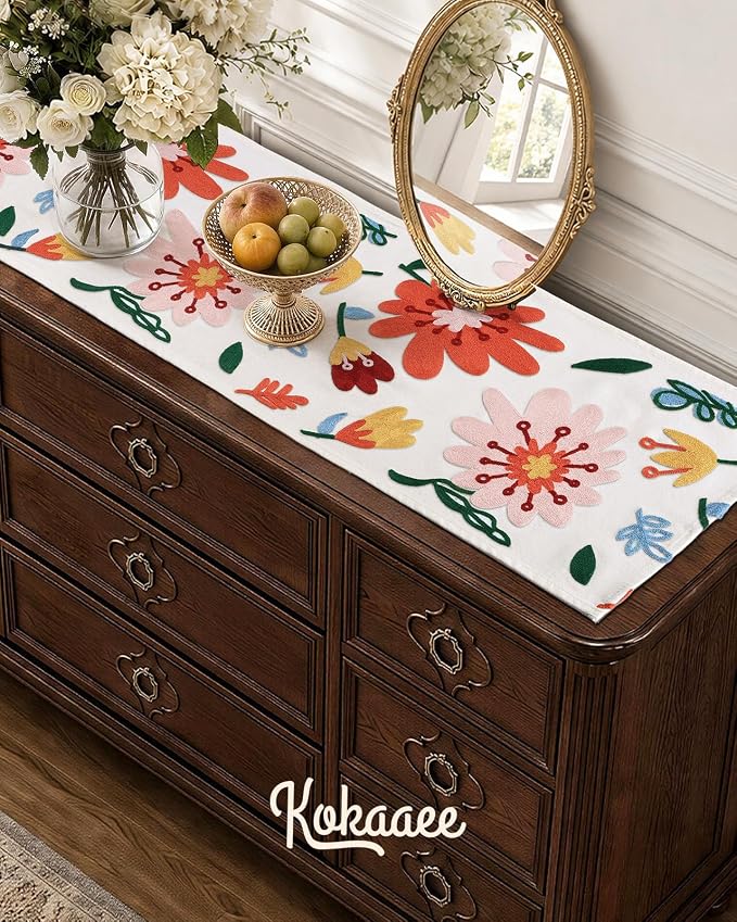 Canvas Embroidered Narrow 13"x 36" Table Runner, Colorful Flower | Exquisite - Image 5