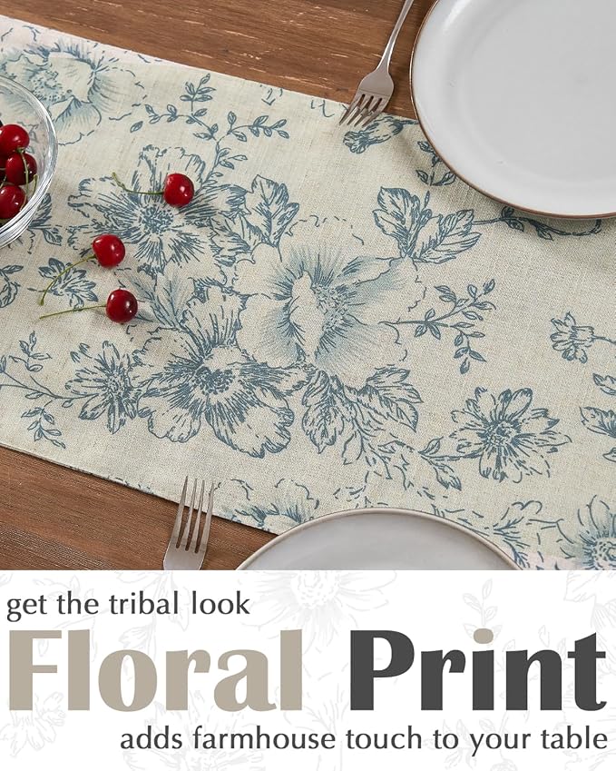 jinchan Blue Floral Linen Table Runner 13 x 90 Inch Farmhouse | Decorative - Image 3