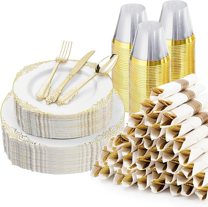 Bestluck 350PCS Gold Disposable Dinnerware by Bestluck