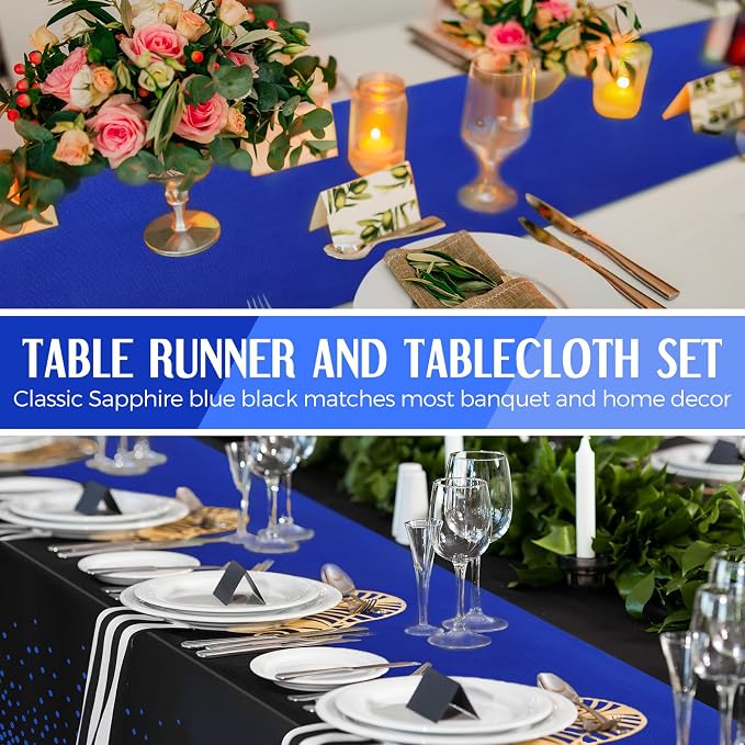 8 Pack Black and Blue Disposable Plastic Tablecloths and Satin Table Runner Set - Image 5