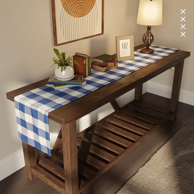 Encasa XO Table Runner, Woven Cotton Dining Runner 13"x118" Buffalo Blue Checks - Image 2