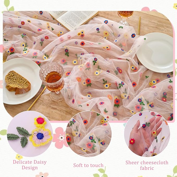 BINBE 1pcs Pink Daisy Spring Table Runner Embroidery Gauze 10FT Florals - Image 3