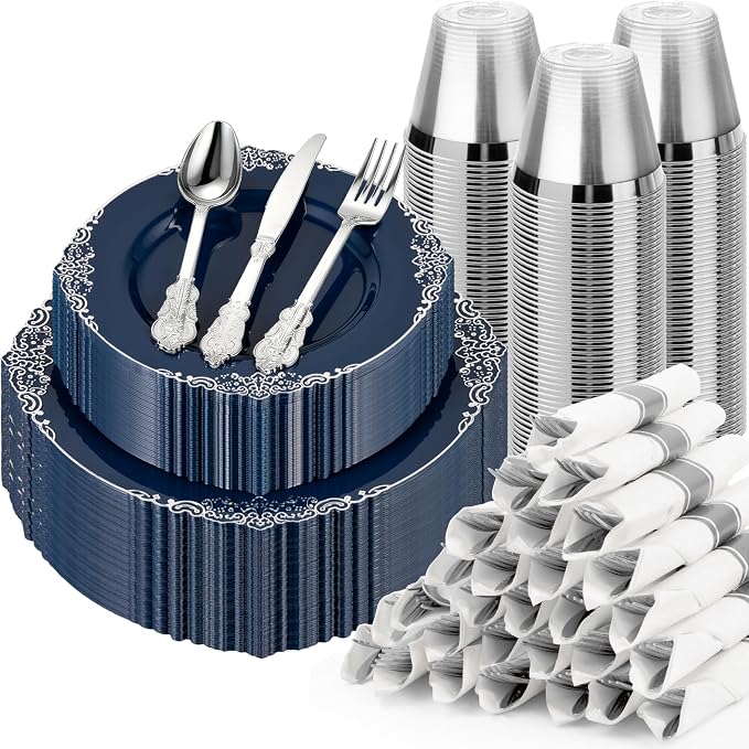 Bestluck 350PCS Navy Blue Disposable Dinnerware by Bestluck