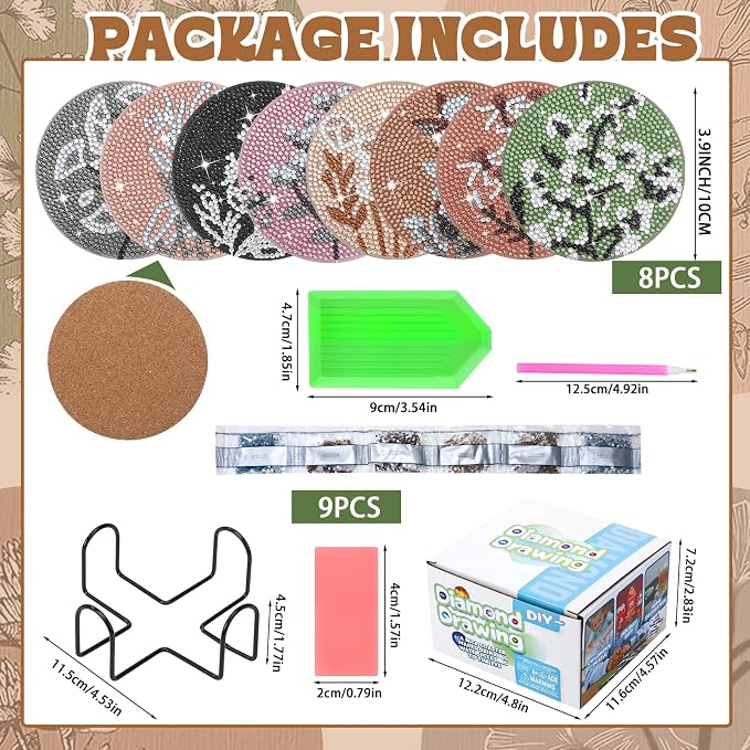 8 Pcs Boho Diamond Art Painting Coasters Holder Floral | Abstract Diamond Art - Image 2