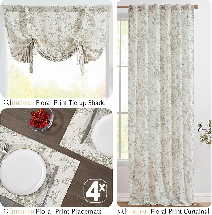 JINCHAN Alice Linen Floral Placemats Set of 4 Farmhouse 13x19 Inch Green | - Image 9