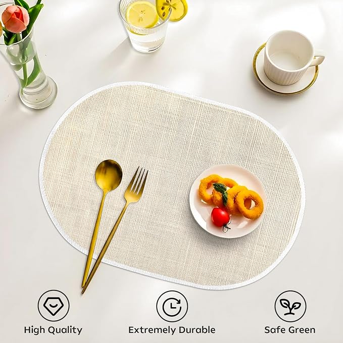 Beige Placemats Set of 4, 12x18 Inch Oval Washable Place Mats Easy to Clean - Image 4