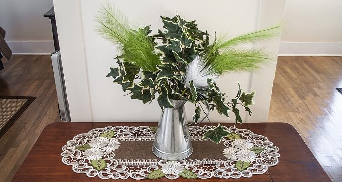 LINENS ART AND THINGS Table Runner Embroidered Pearlescent Daisy Flowers - Image 2