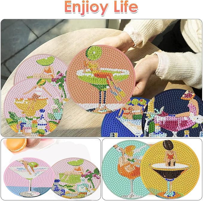 ijbnhd 8 Pcs Cocktail Diamond Art Coasters Kits, 4x4 inch | Cocktail Diamond - Image 2